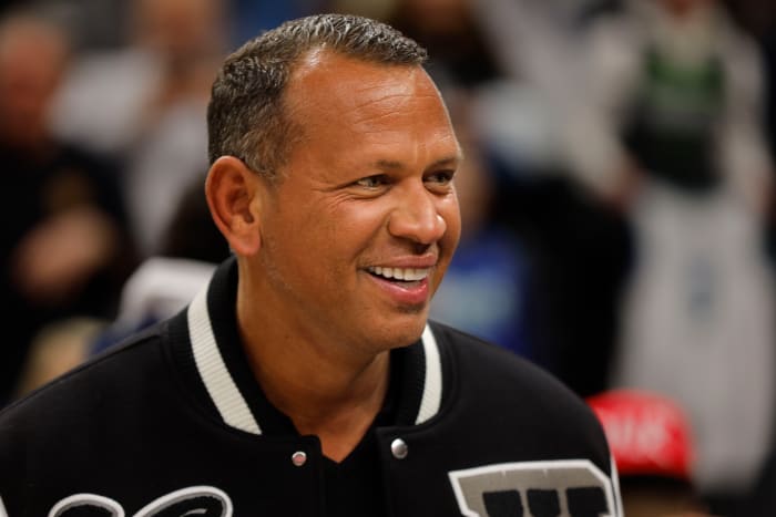 Feb 4, 2024; Minneapolis, Minnesota, USA; Minnesota Timberwolves & Lynx co-owner Alex Rodriguez smiles after his team defeats the Houston Rockets at Target Center.